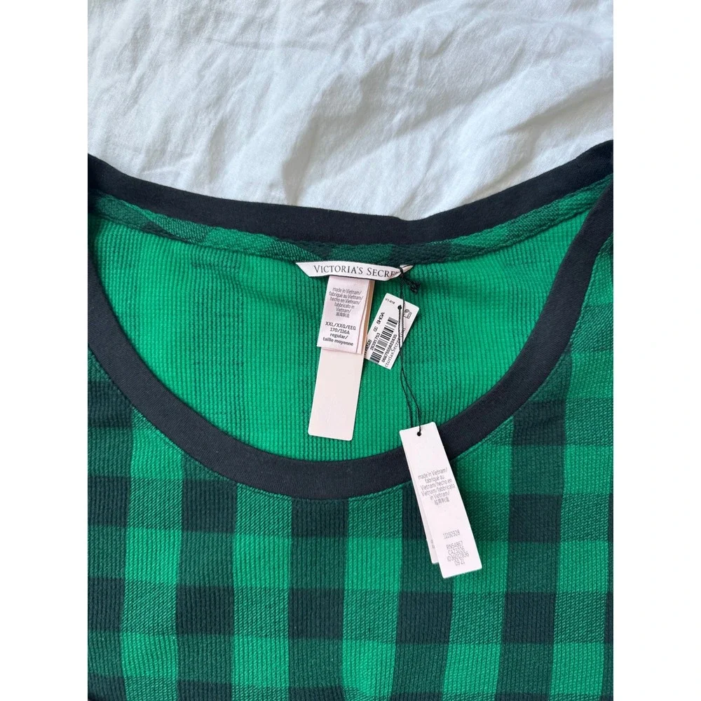 Victorias Secret XXL Green Buffalo Plaid Thermal Pajama Top Waffle Knit NWT